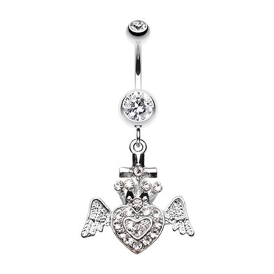Ultra Bright Crowned Angel Heart and Cross Belly Button Ring-WildKlass Jewelry