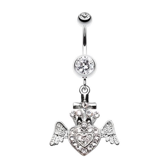Ultra Bright Crowned Angel Heart and Cross Belly Button Ring-WildKlass Jewelry