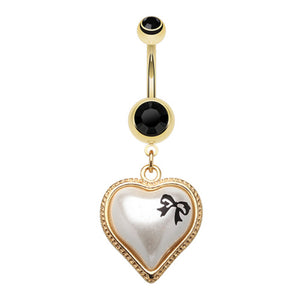 Golden Puffed Pearl Bow-Tie Heart Belly Button Ring-WildKlass Jewelry