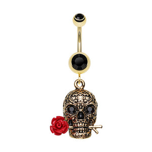 Golden Skull Rose Belly Button Ring-WildKlass Jewelry