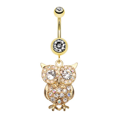 Golden Owl Sparkle Belly Button Ring-WildKlass Jewelry