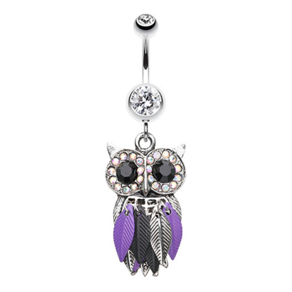 Vibrant Owl Feather Sparkle Belly Button Ring-WildKlass Jewelry