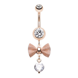 Elegant Mesh Bow-Tie Gem Dangle Belly Button Ring-WildKlass Jewelry