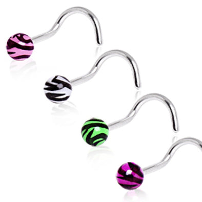 316L Surgical Steel Screw Nose Ring with UV Zebra Print Ball-WildKlass Jewelry