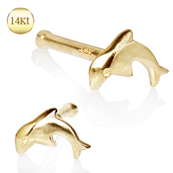 14Kt Yellow Gold Stud Nose Ring with a Dolphin-WildKlass Jewelry