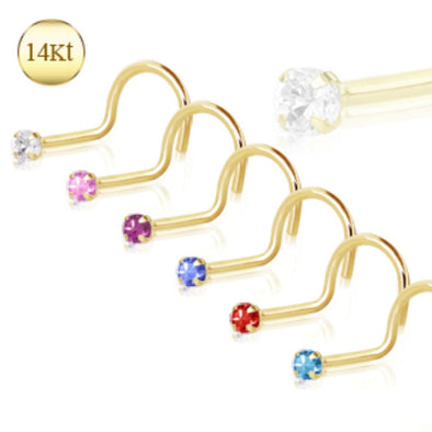 14Kt Yellow Gold Screw Nose Ring with Prong Setting Gem-WildKlass Jewelry