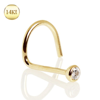 14Kt Yellow Gold Screw Nose Ring with Press Fit CZ-WildKlass Jewelry