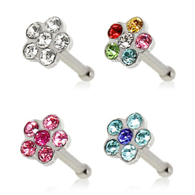 316L Surgical Steel Bone Nose Ring with Multi Gem Flower Top-WildKlass Jewelry
