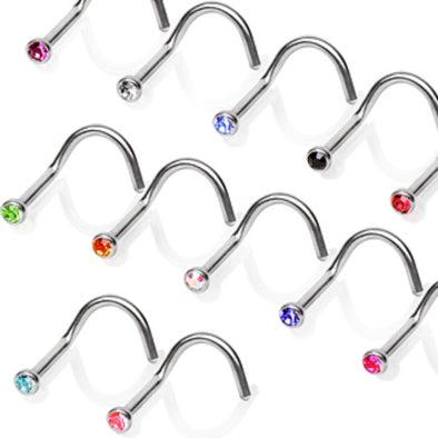 22GA 316L Surgical Steel Screw Nose Ring with Press Fitted Gem-WildKlass Jewelry