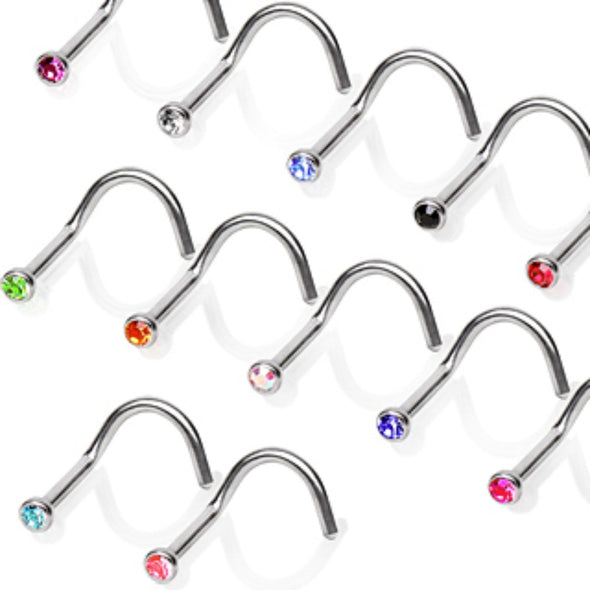 18&20GA 316L Screw Nose Ring with One Press Fitted Gem-WildKlass Jewelry