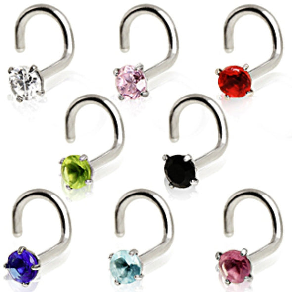 316L Surgical Steel Screw Nose Ring with Prong Set Gem-WildKlass Jewelry