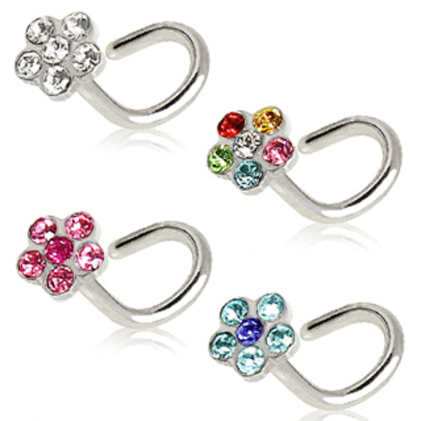 316L Surgical Steel Screw Nose Ring with Multi Gem Flower Top-WildKlass Jewelry