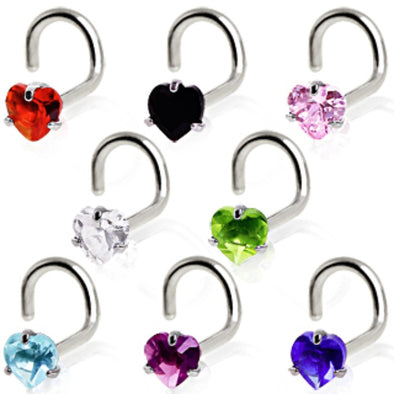 316L Surgical Steel Prong Set Heart CZ Screw Nose Ring-WildKlass Jewelry