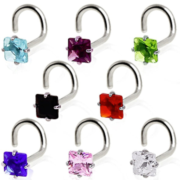 316L Surgical Steel Prong Set Square CZ Screw Nose Ring-WildKlass Jewelry