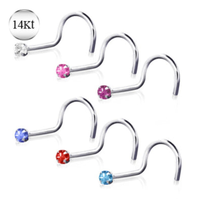 14Kt White Gold Screw Nose Ring with Prong Setting Gem-WildKlass Jewelry