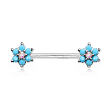 Turquoise Spring Flower Sparkle Prong Set WildKlass Nipple Barbell Ring-WildKlass Jewelry