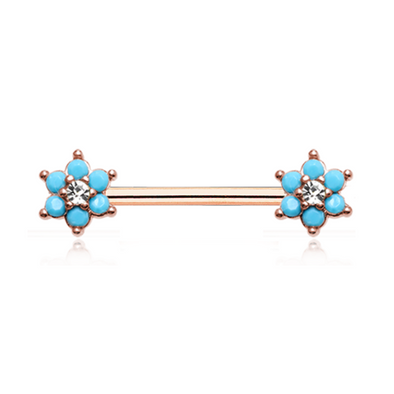 Rose Gold Turquoise Spring Flower Sparkle Prong Set WildKlass Nipple Barbell Ring-WildKlass Jewelry