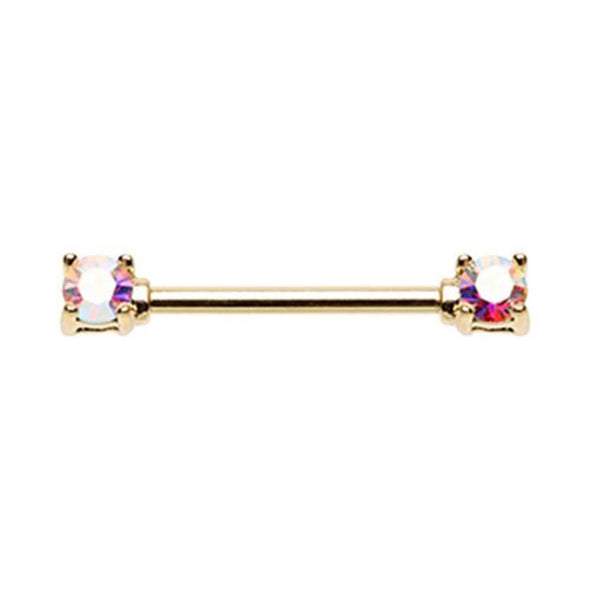 Golden Double Prong Brilliant Sparkle Gem WildKlass Nipple Barbell Ring-WildKlass Jewelry