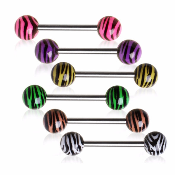 316L Surgical Steel Nipple Bar with UV Coated Zebra Print Balls-WildKlass Jewelry
