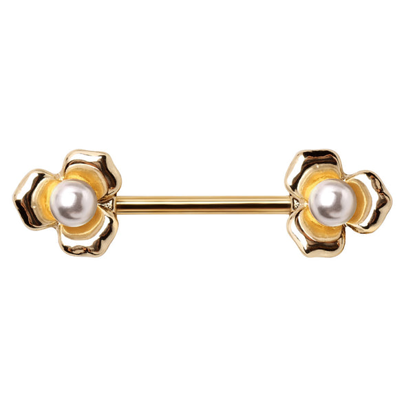 Gold Plated Pearl Accented Flower Nipple Bar-WildKlass Jewelry