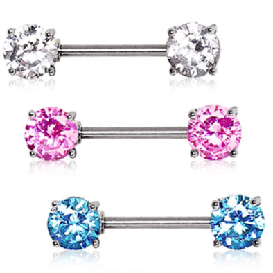 316L Surgical Steel Prong Set Round CZ Nipple Bar-WildKlass Jewelry