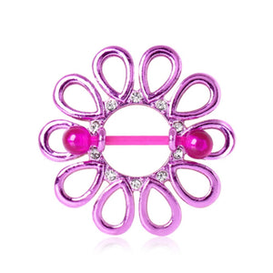 PVD Plated Purple Gemmed Flower Burst Nipple Shield with BioFlex Bar-WildKlass Jewelry