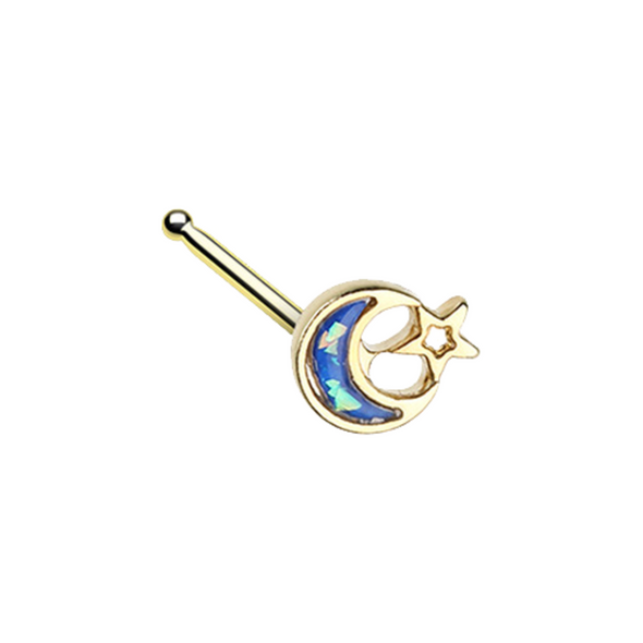 Golden Opal Crescent Moon & Star WildKlass Nose Stud Ring-WildKlass Jewelry