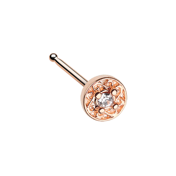 Rose Gold Round Ornate CZ Gem WildKlass Nose Stud Ring-WildKlass Jewelry