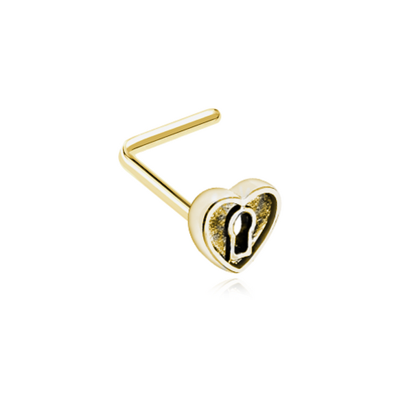 Golden Antique Heart Lock WildKlass L-Shape Nose Ring-WildKlass Jewelry