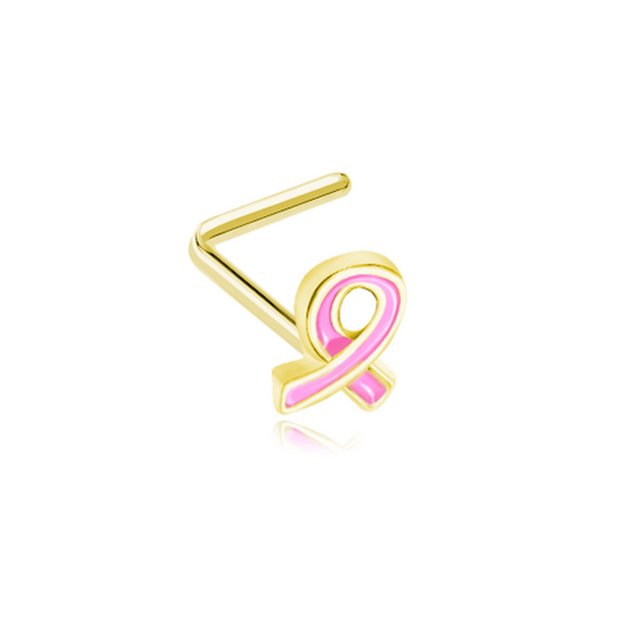 Golden Breast Cancer Awareness Pink Ribbon WildKlass L-Shape Nose Ring-WildKlass Jewelry