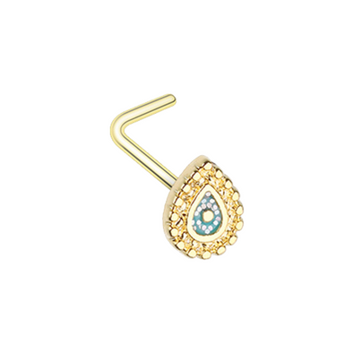 Golden Sparkling Ornate Teardrop WildKlass L-Shape Nose Ring-WildKlass Jewelry
