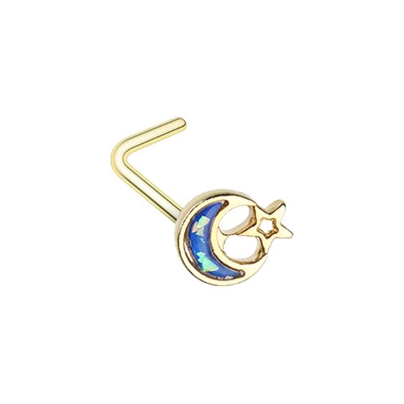 Golden Opal Crescent Moon & Star WildKlass L-Shape Nose Ring-WildKlass Jewelry