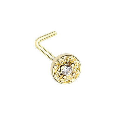 Golden Round Ornate CZ Gem WildKlass L-Shape Nose Ring-WildKlass Jewelry