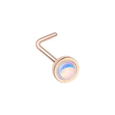 Rose Gold Bezel Set Revo Reflecting Stone WildKlass L-Shape Nose Ring-WildKlass Jewelry