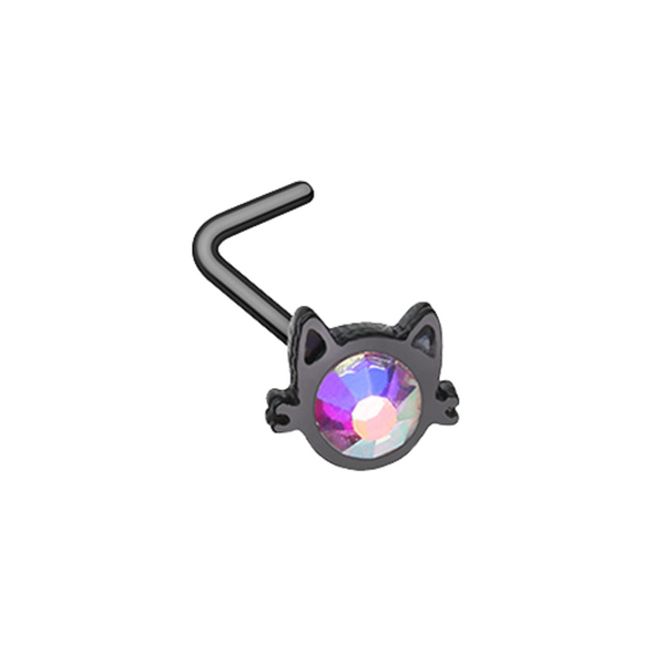 Black Iridescent Cat Silhouette Face WildKlass L-Shape Nose Ring-WildKlass Jewelry