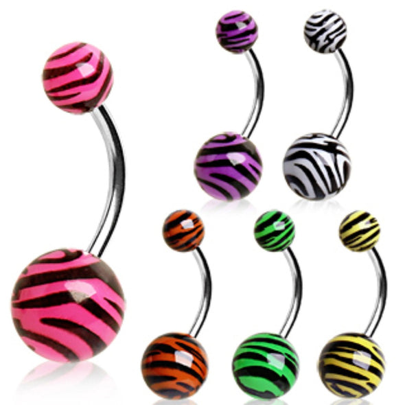 316L Surgical Steel Navel Ring with UV Coated Zebra Balls-WildKlass Jewelry
