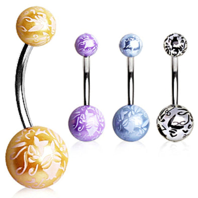 316L Surgical Steel Navel Ring with Budding Flower Printed Balls-WildKlass Jewelry
