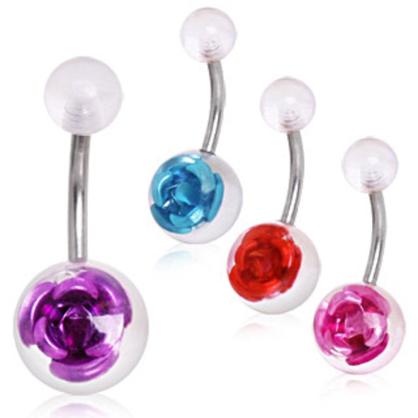 Captured Metal Rose UV Acrylic Ball Navel Ring-WildKlass Jewelry