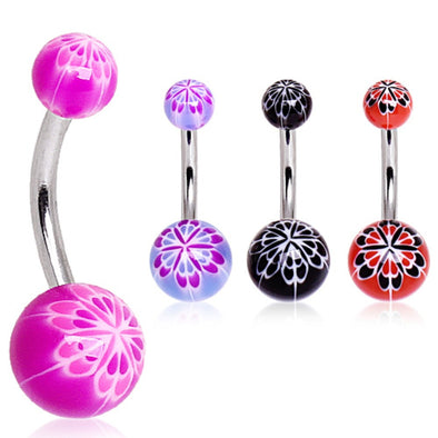 316L Surgical Steel Navel Ring with Flower Blossom Designed Acrylic Balls-WildKlass Jewelry