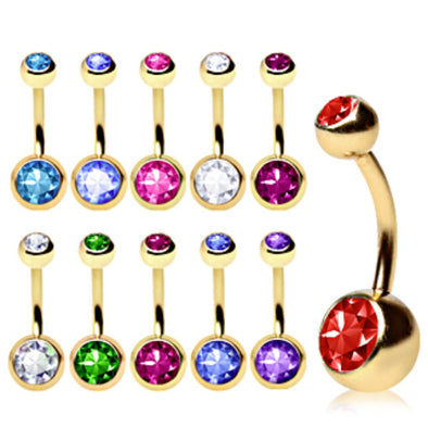 Gold Plated Over 316L Surgical Steel Navel Ring with Gemmed Balls-WildKlass Jewelry