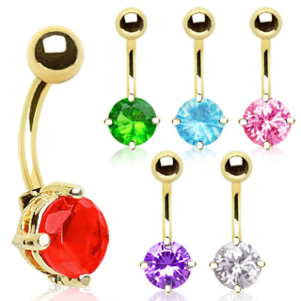 Gold Plated Prong Set 8mm Round CZ Navel Ring-WildKlass Jewelry