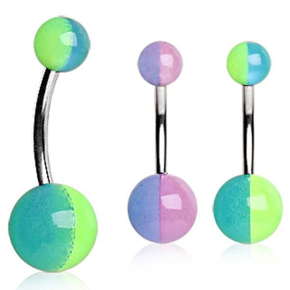 316L Surgical Steel Navel Ring with Double Colored Glow in the Dark Balls-WildKlass Jewelry
