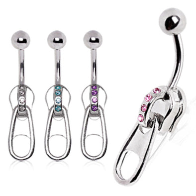 316L Surgical Steel CZ Zipper Navel Ring-WildKlass Jewelry
