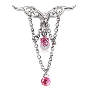 316L Surgical Steel Top Down Tribal Logo Navel Ring with Chained CZs-WildKlass Jewelry