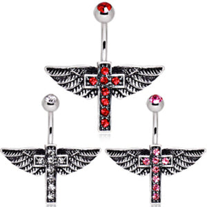 316L Surgical Steel Winged Multi-CZ Cross Navel Ring-WildKlass Jewelry