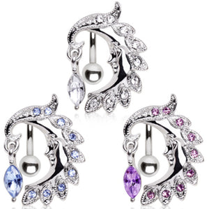 316L Surgical Steel Top Down Navel Ring with Moon and Marquis Dangle-WildKlass Jewelry