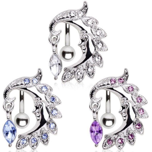 316L Surgical Steel Top Down Navel Ring with Moon and Marquis Dangle-WildKlass Jewelry