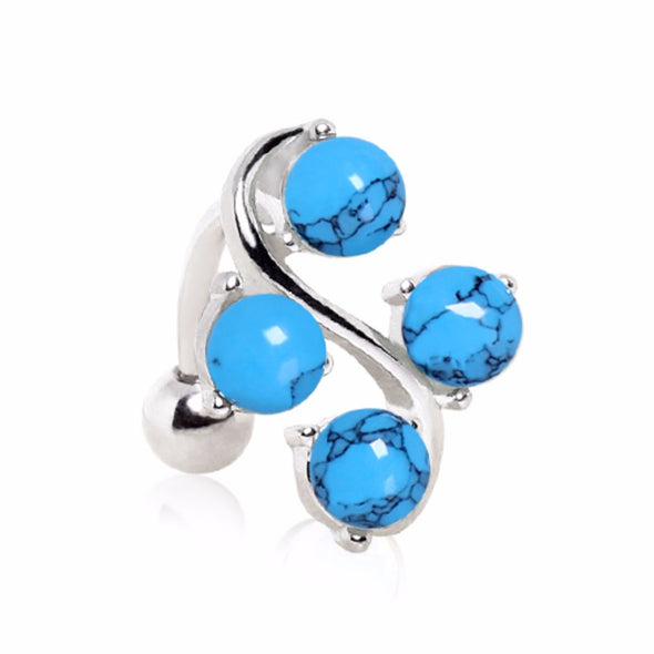 316L Surgical Steel Top Down Navel Ring with Four Round Turquoise on Vine-WildKlass Jewelry