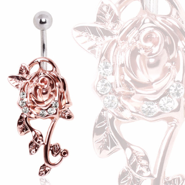 316L Surgical Steel Navel Ring with Gemmed Rose-WildKlass Jewelry