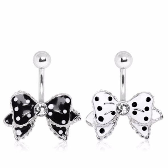316L Surgical Steel Polka Dot Bow with Gem Center Navel Ring-WildKlass Jewelry